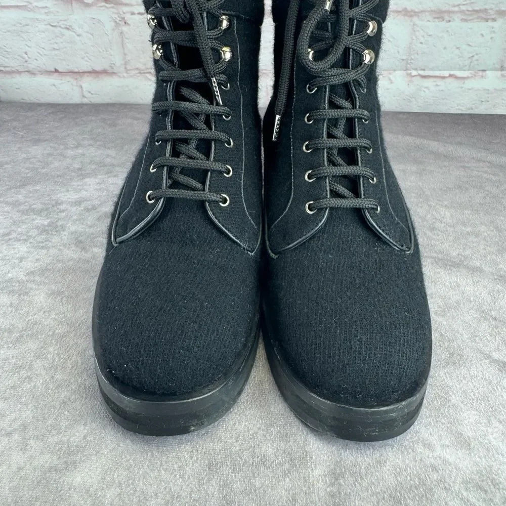 Chanel $1450 Wool Lace Up Black Biker Ankle Boots 9